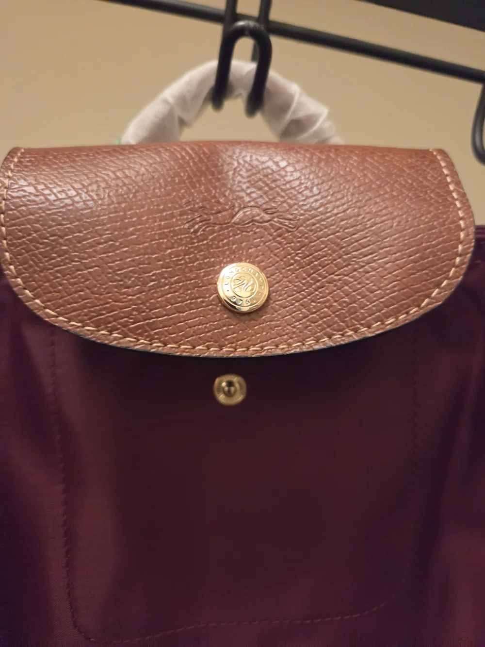 Longchamp Burgundy Nylon Backpack with Brown Leather Flap